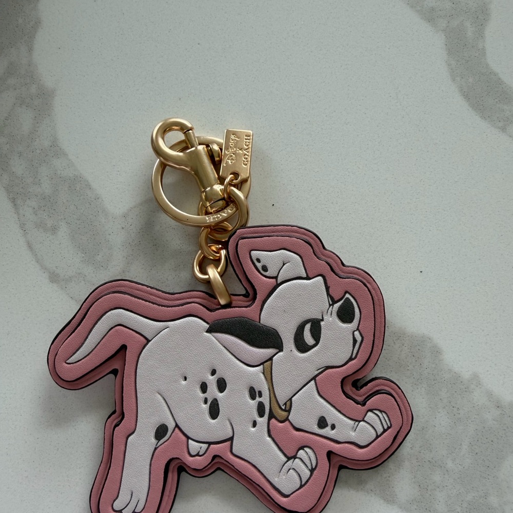 Coach Pink and White Dalmatian Dog Key Charm with Gold Hardware - Picture 1 of 2